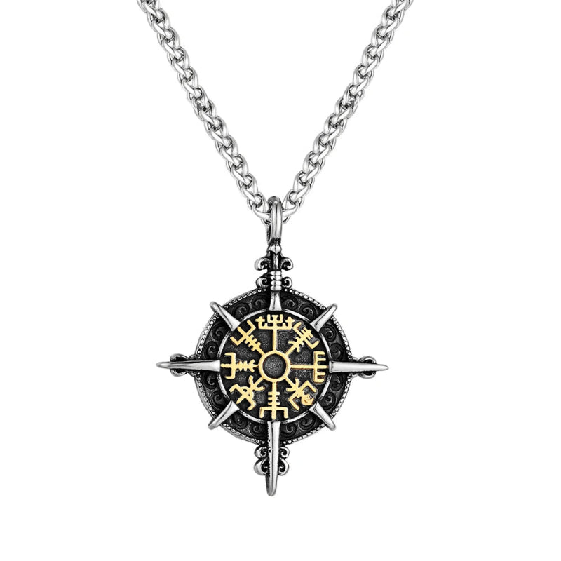 Collar vikingo con colgante brújula Vegvisir oro