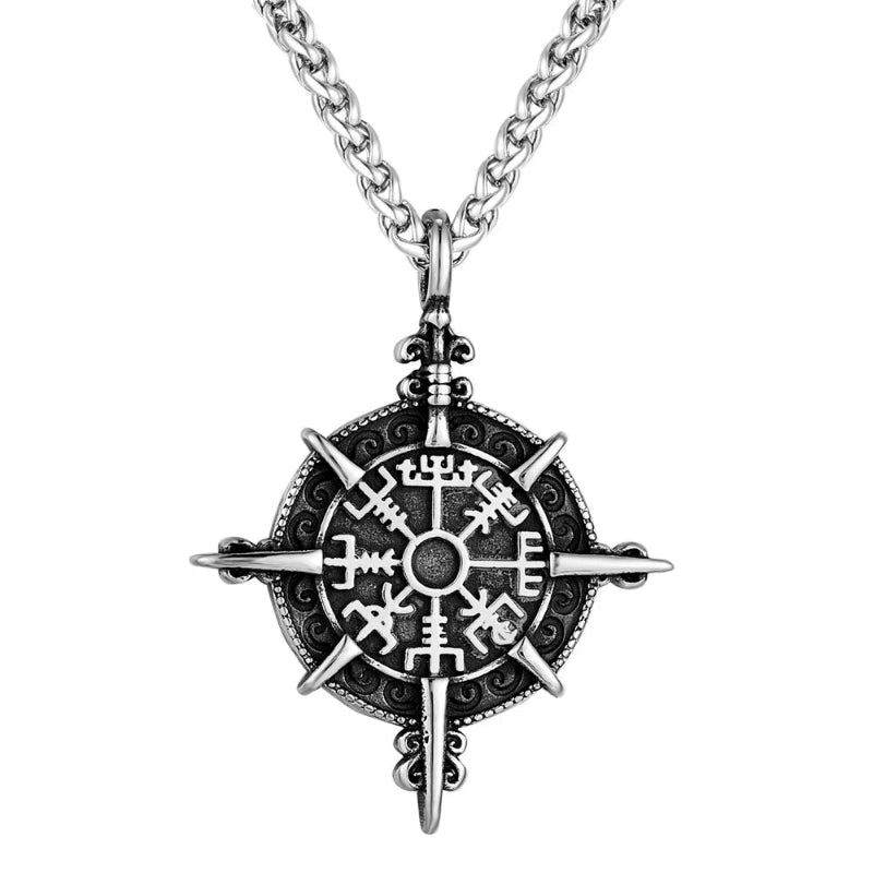 Collar vikingo con colgante brújula Vegvisir plata