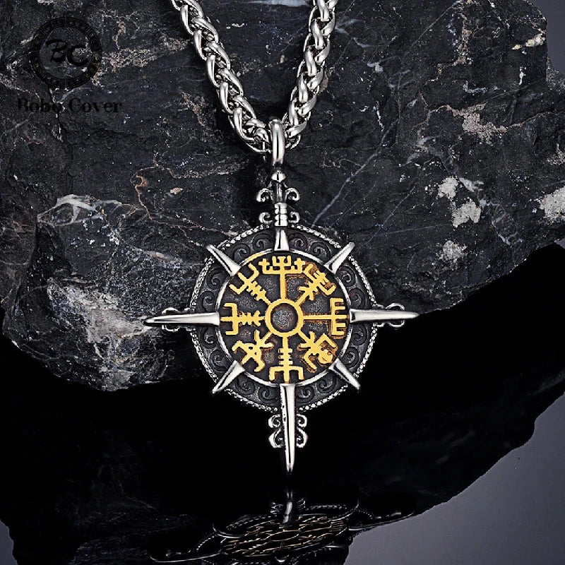 Collar vikingo con colgante brújula Vegvisir oro