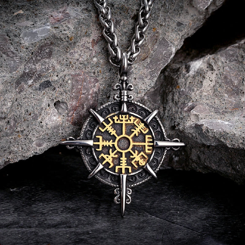 Collar vikingo con colgante brújula Vegvisir oro