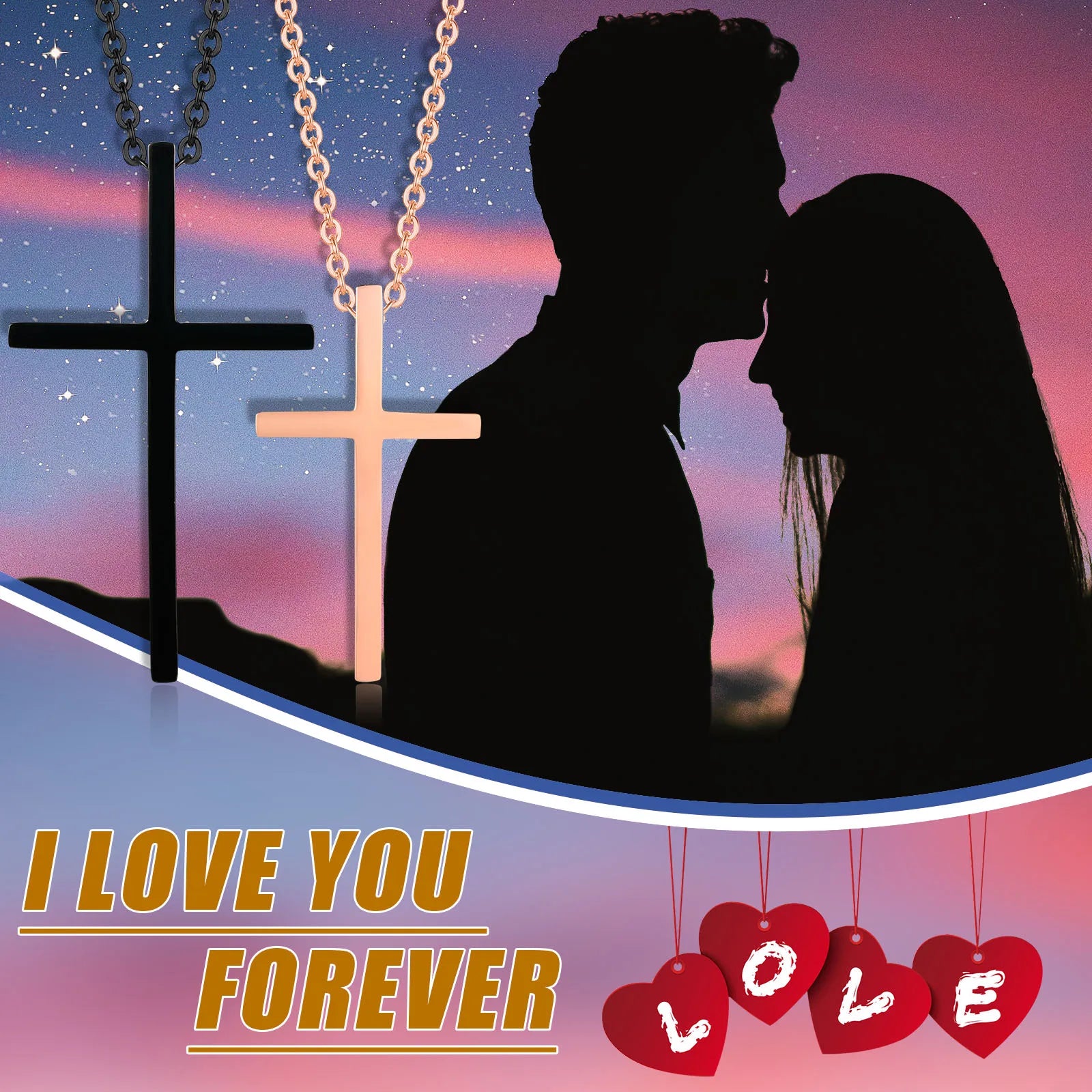 Collares para parejas con colgante de cruz negro y oro rosa