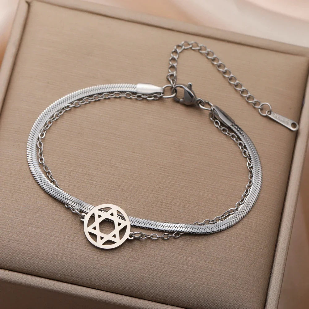 Pulsera doble con la <span data-glossary-id="etoile_de_david">Estrella de David</span> símbolo judío plata