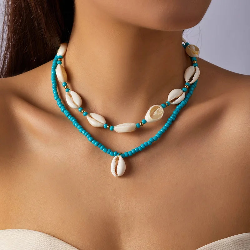 Collar doble de concha cauri turquesa