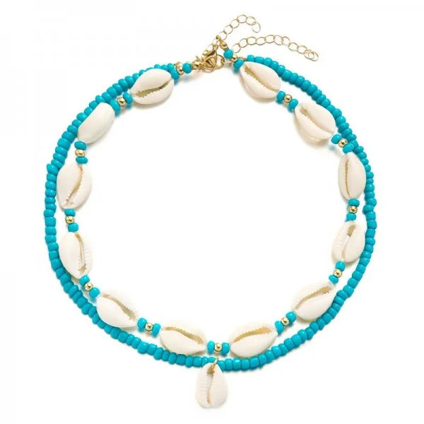 Collar doble de concha cauri turquesa