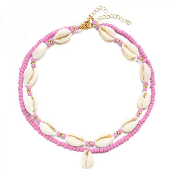 Collar doble de concha cauri rosa