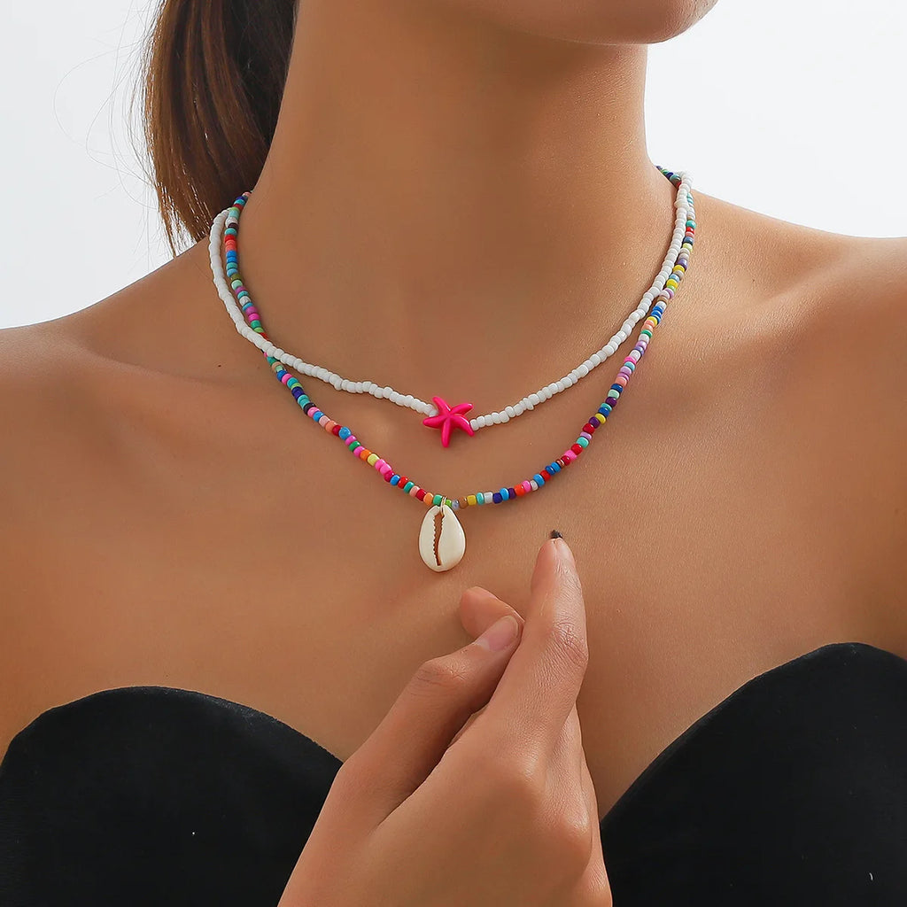 Doble collar de concha y perlas de colores multicolor