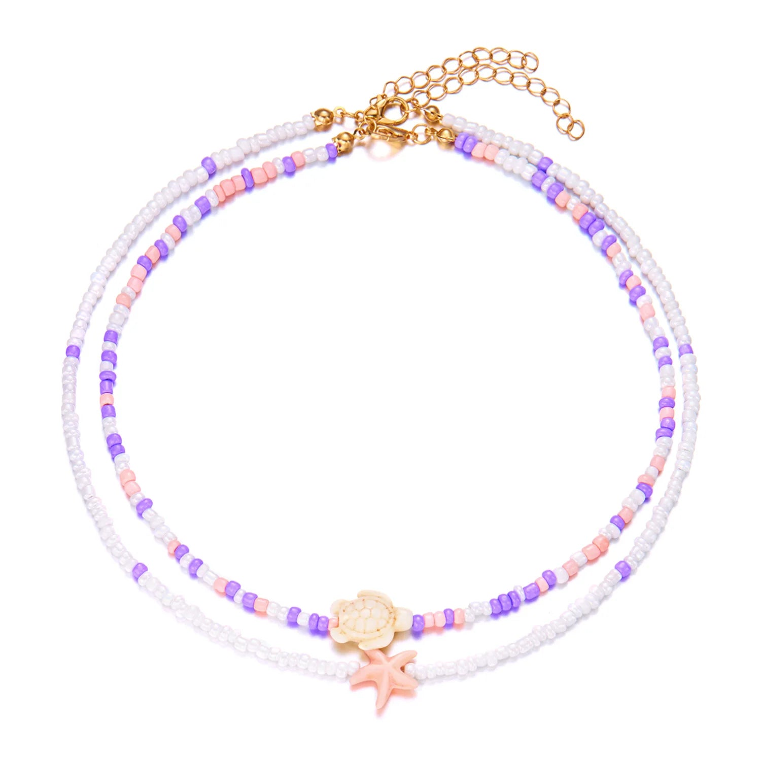 Doble collar de concha y perlas de colores rosa