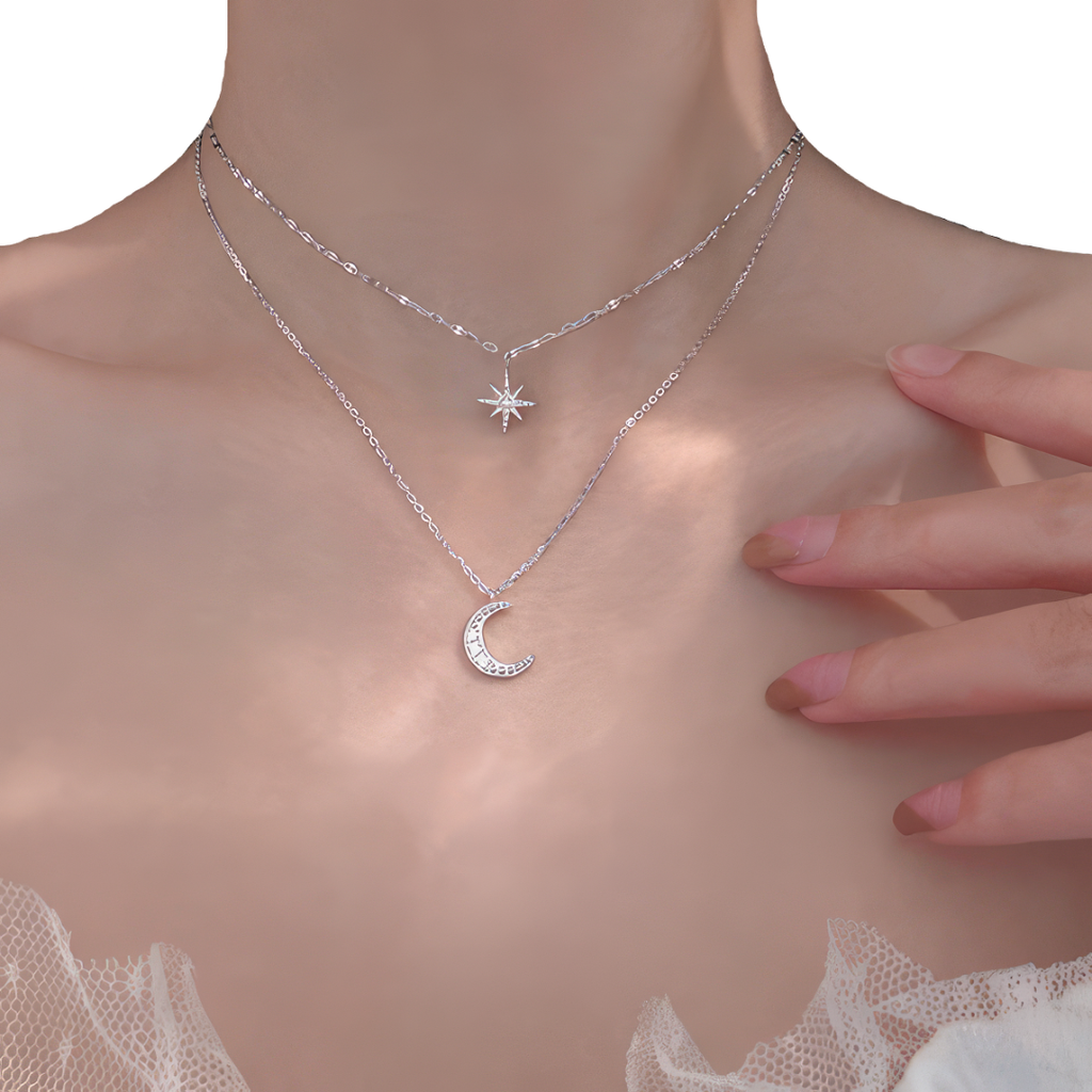 Doble Collar Colgante Luna y Estrella para Mujer 
