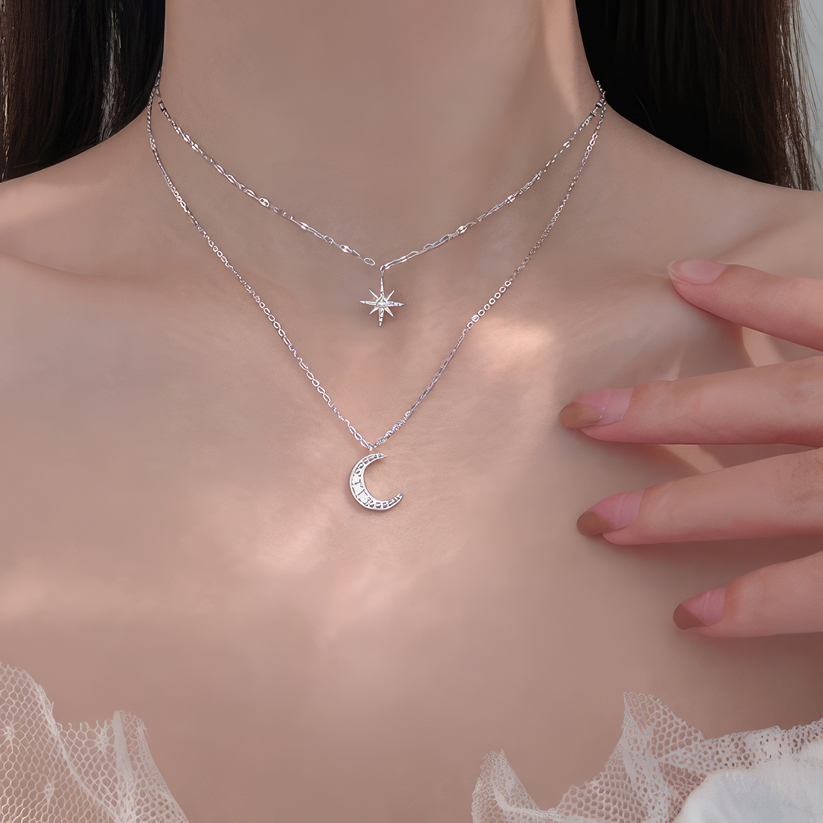 Doble Collar Colgante Luna y Estrella para Mujer