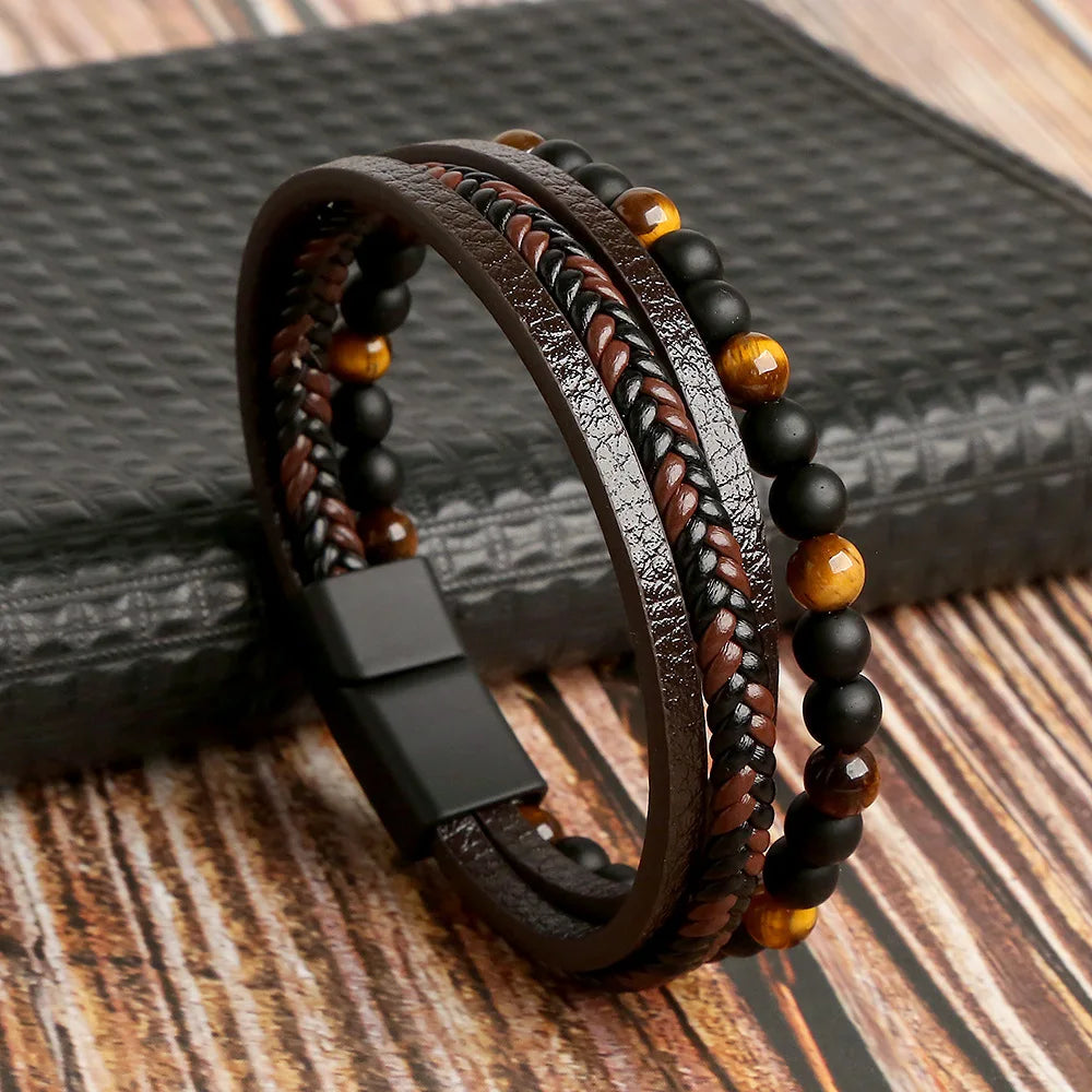Pulsera para Hombre Ojo de Tigre Pulsera de Cuero marrón y negro
