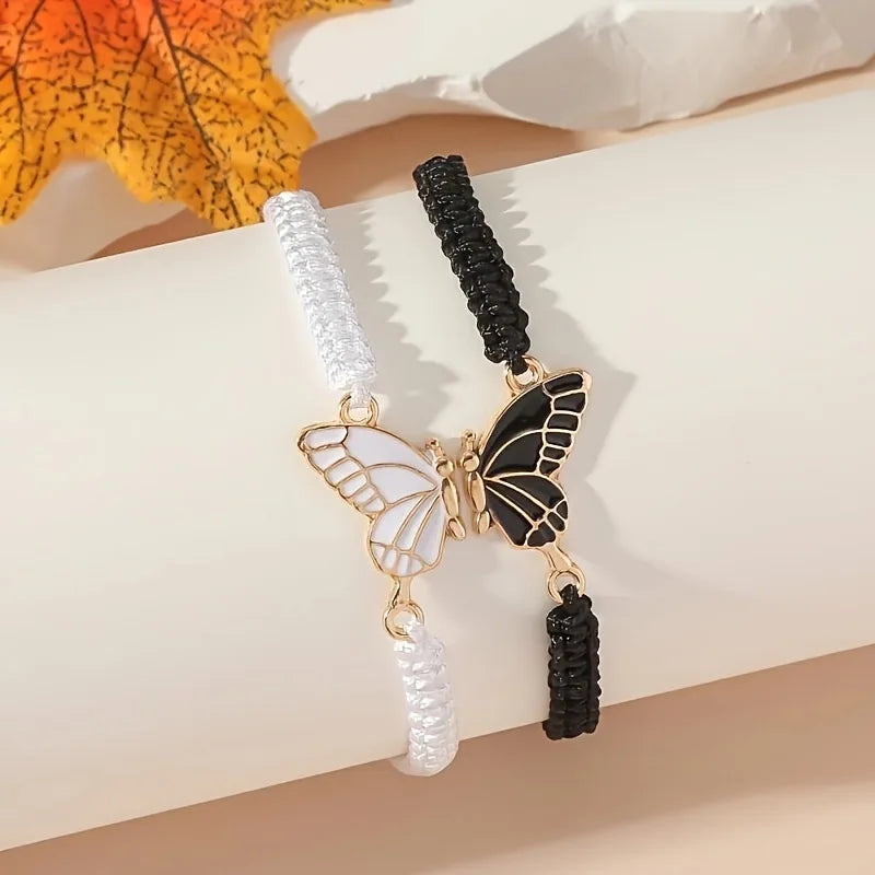 Juego de 2 Pulseras Ala de Mariposa para Mejores Amigos negro y blanco