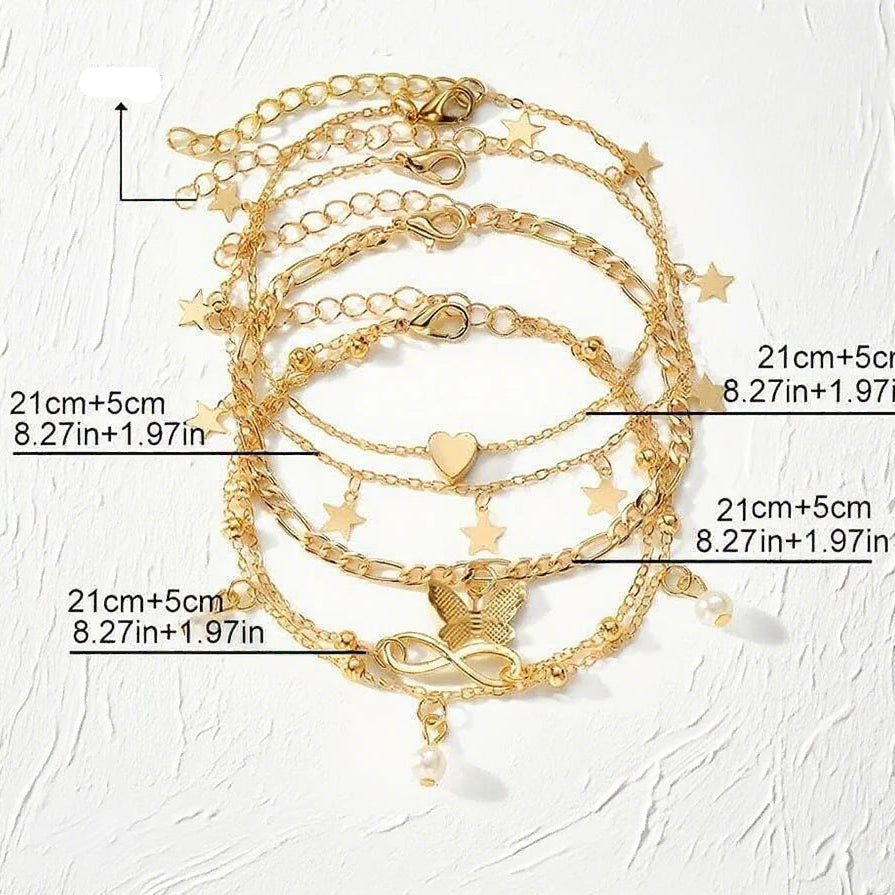 Lote de 5 tobilleras estrella, infinito, mariposa, perlas y corazón