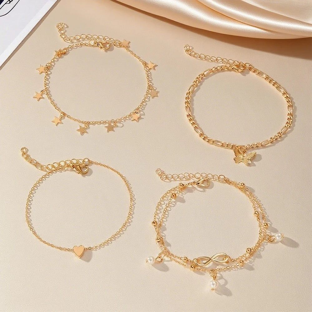 Lote de 5 tobilleras estrella, infinito, mariposa, perlas y corazón