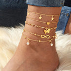 Lote de 5 tobilleras estrella, infinito, mariposa, perlas y corazón