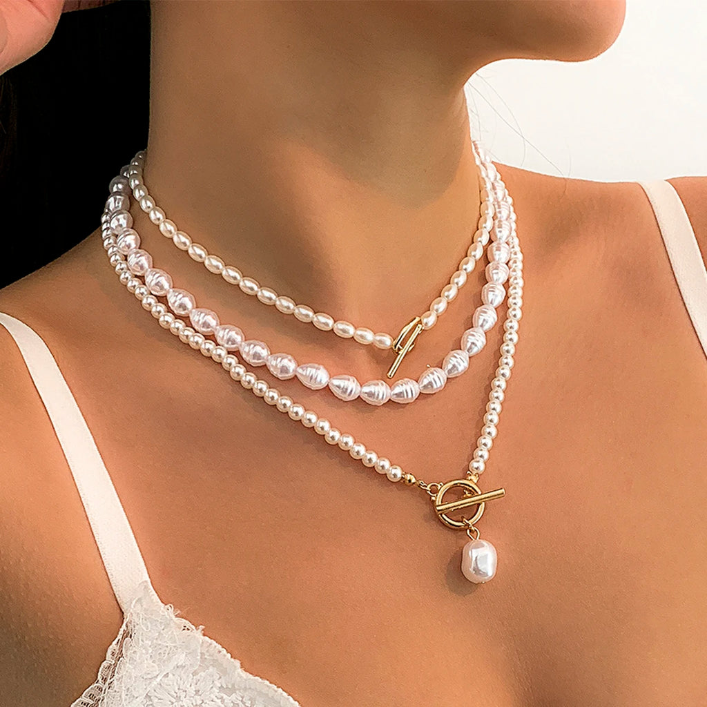 Juego de 3 Collares de Perlas Blancas 