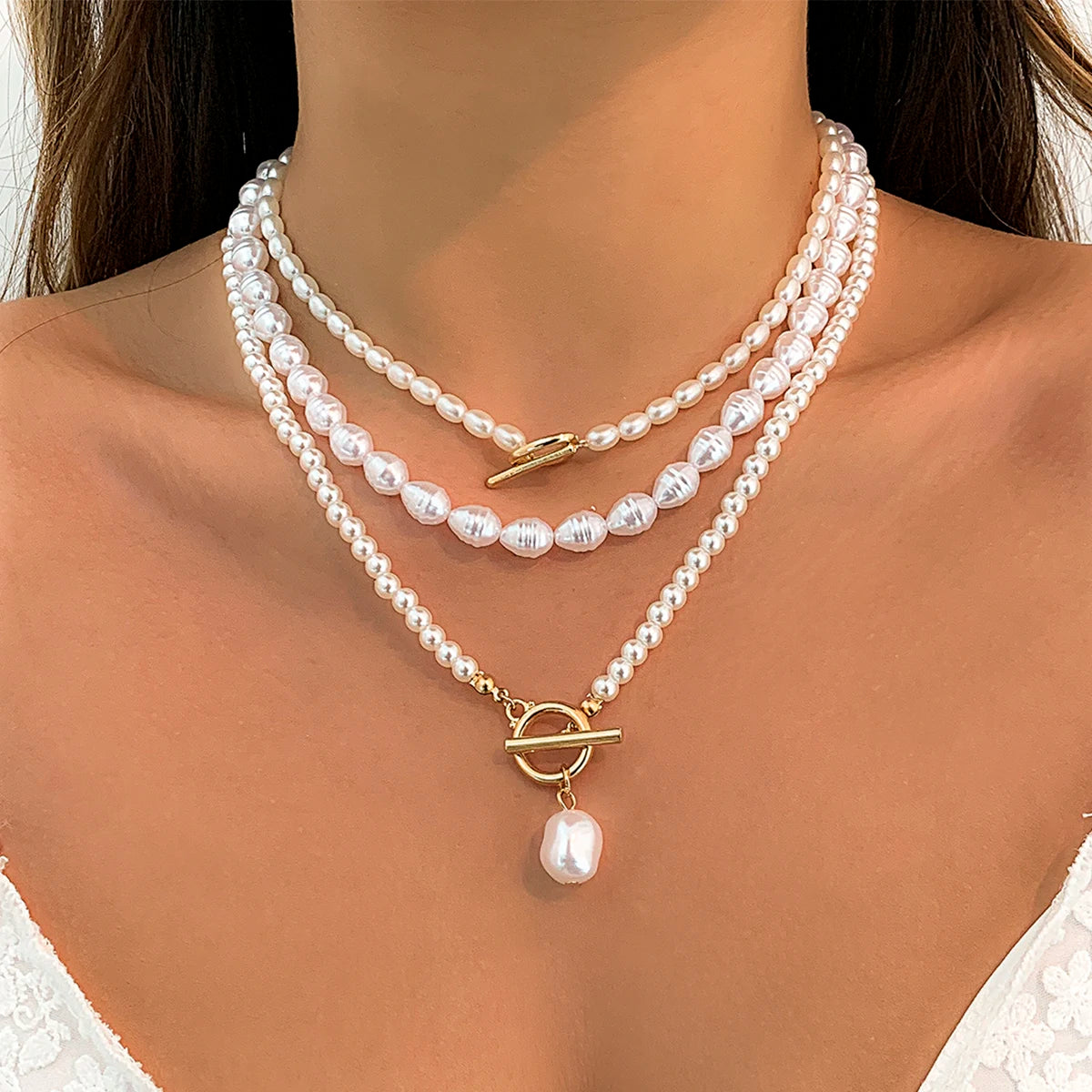 Juego de 3 Collares de Perlas Blancas 