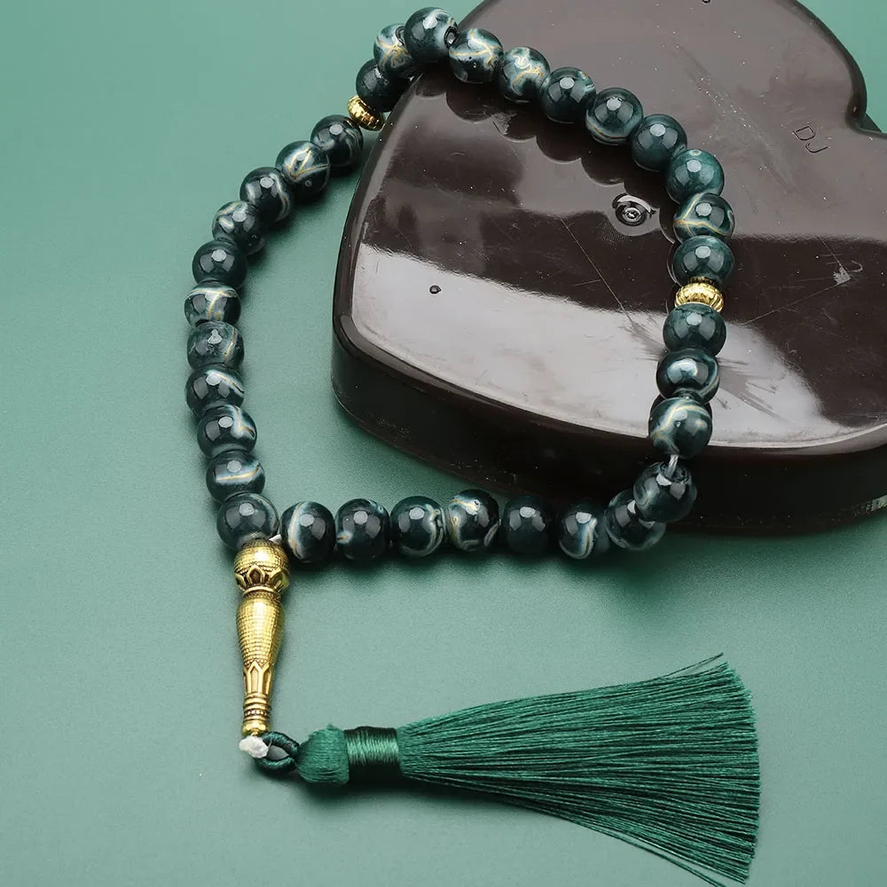 Tasbih Largo 33 Perlas negro - rosario de oración musulmán verde