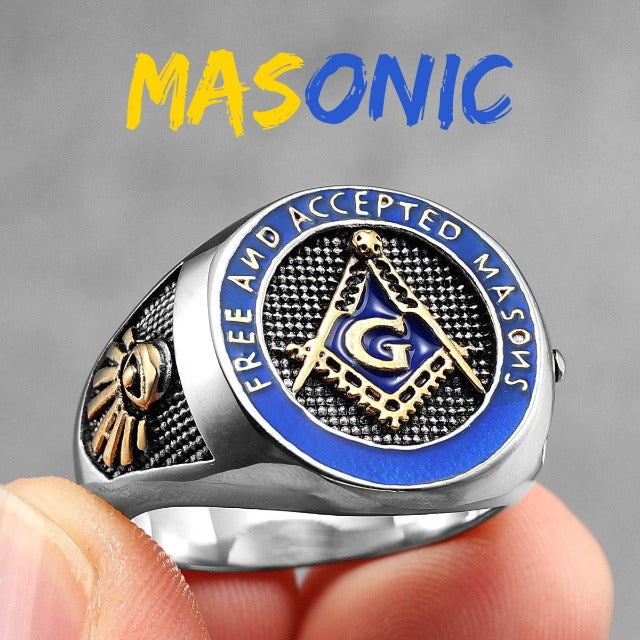 Anillo de sello Francmasón para hombre azul oro