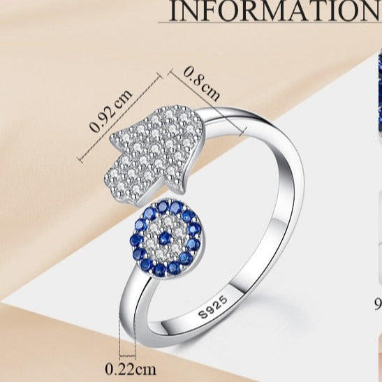 Anillo Contra el Mal de Ojo Azul Griego Turco Matiasma Mataki en Plata 