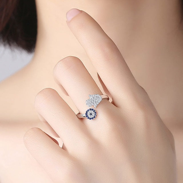 Anillo Contra el Mal de Ojo Azul Griego Turco Matiasma Mataki en Plata