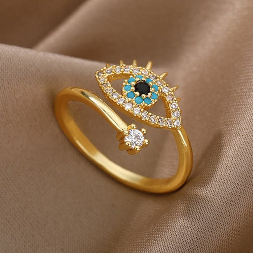 Anillo de Diamante contra el Mal de Ojo Azul Griego Turco Matiasma Mataki Oro