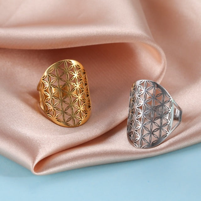 Anillo Flor de la Vida Dawapara Mandala oro y plata