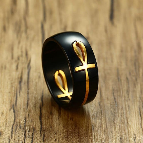 Anillo con Motivo Cruz Egipcia negro y oro
