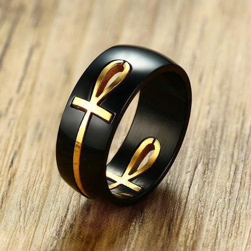 Anillo con Motivo Cruz Egipcia Negro y Oro