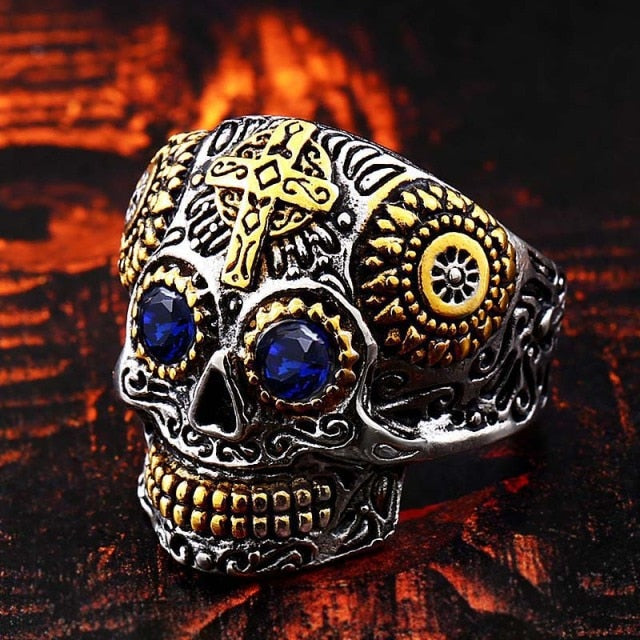 Anillo Cabeza de Muerto Mexicana ojos azules