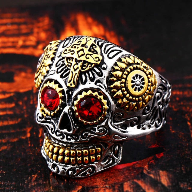 Anillo Cabeza de Muerto Mexicana ojos rojos