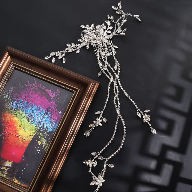 Pasador para el cabello de boda con flores y diamantes plata