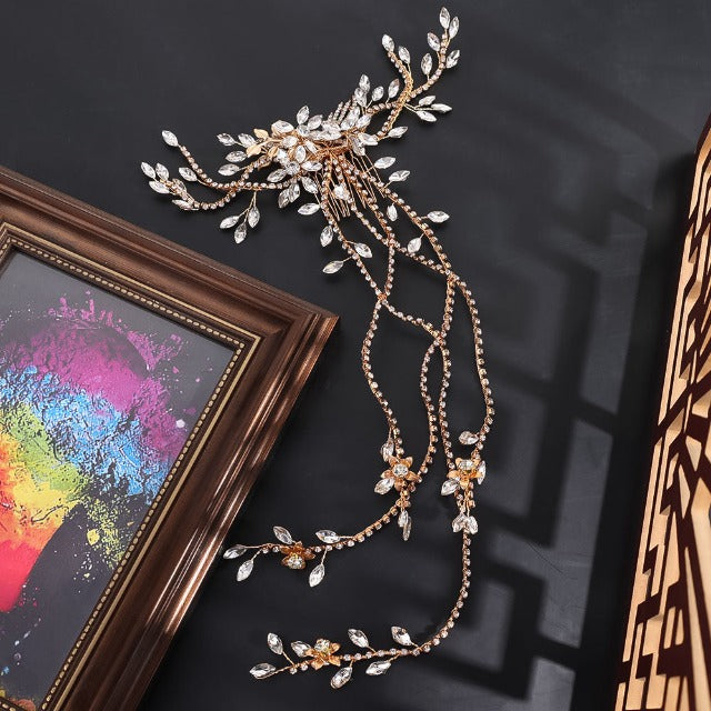 Pasador para el cabello de boda con flores y diamantes oro