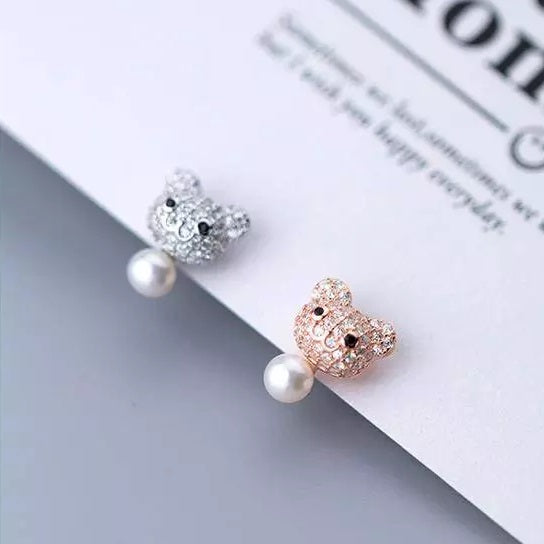 Pendiente de oso en oro rosa y plata