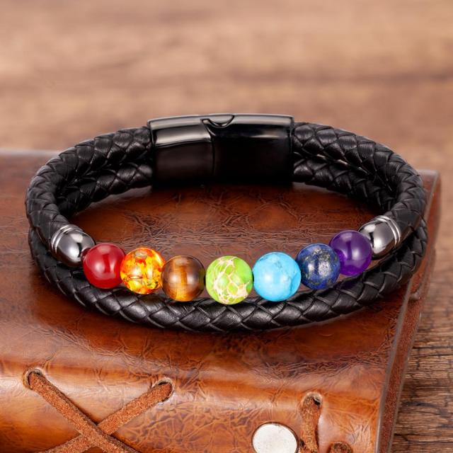 Pulsera 7 Chakras de Cuero Hombre Mujer negro