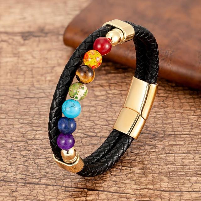 Pulsera 7 Chakras de Cuero Hombre Mujer oro