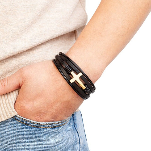Pulsera de Cuero con Cruz para Hombre