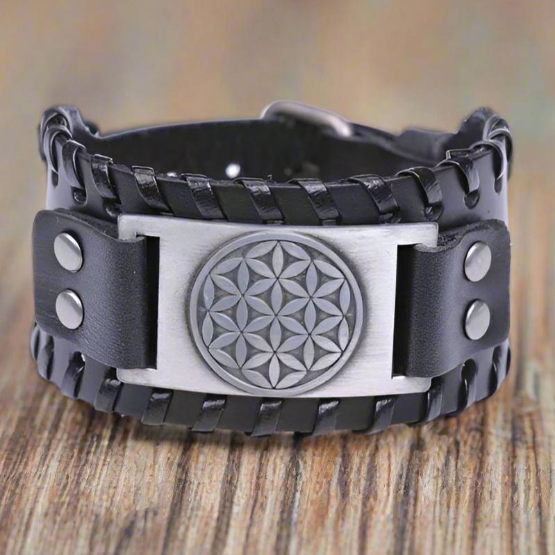 Pulsera Flor de la Vida de Cuero Hombre negro