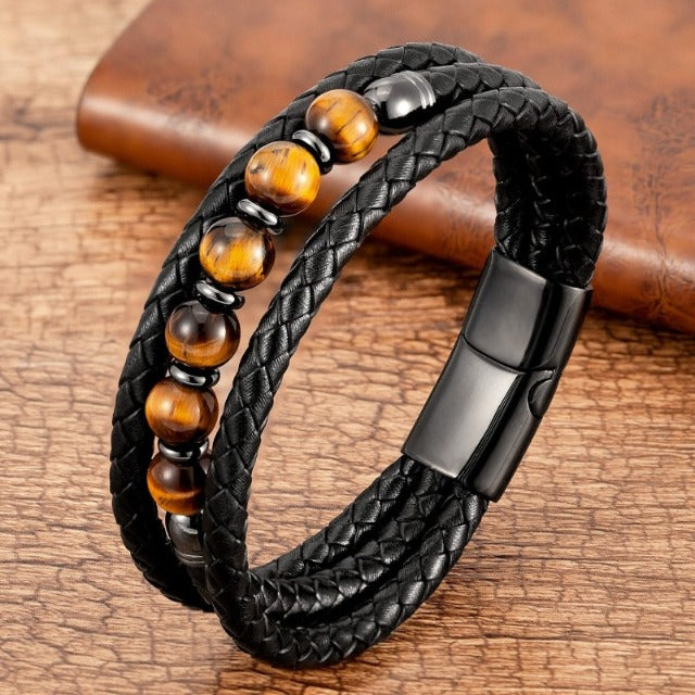 Pulsera Gourmette Piedra Ojo de Tigre Cuero
