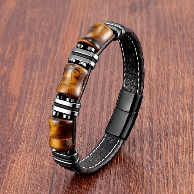 Pulsera Piedra Ojo de Tigre Cuero Gourmette negro