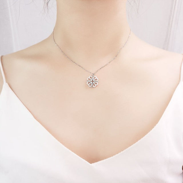 Collar Corazón Trébol de 4 Hojas Colgante Amuleto de la Suerte en Plata
