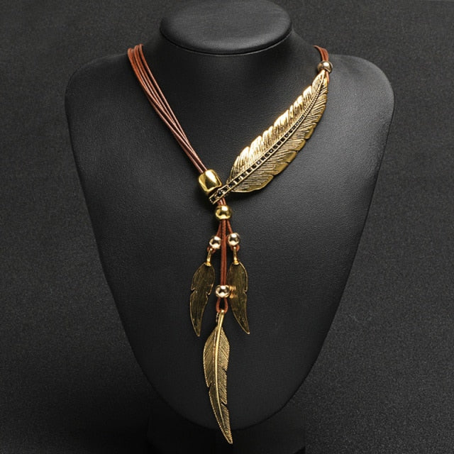 Collar Pluma Mujer oro y marrón