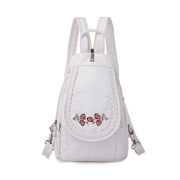 Pequeña Mochila de Cuero para Viaje Mujer Flor blanca