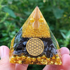 Pirámide Orgonite Protección & Meditación flor de la vida oro