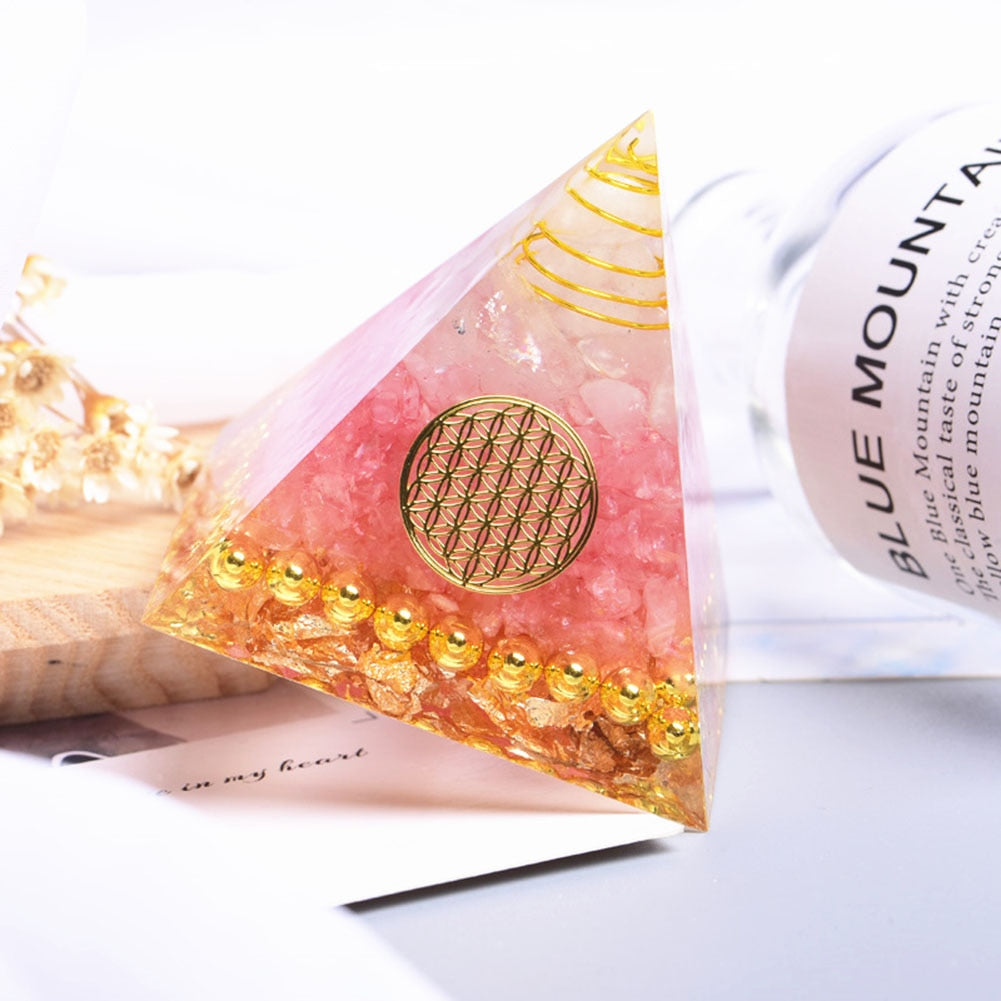 Pirámide Orgonite Protección & Meditación flor de la vida rosa