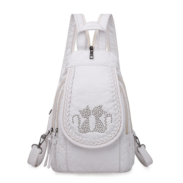 Mochila de cuero para mujer con diseño de gato lindo blanco