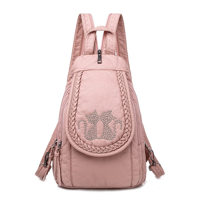 Mochila de cuero para mujer con diseño de gato lindo rosa